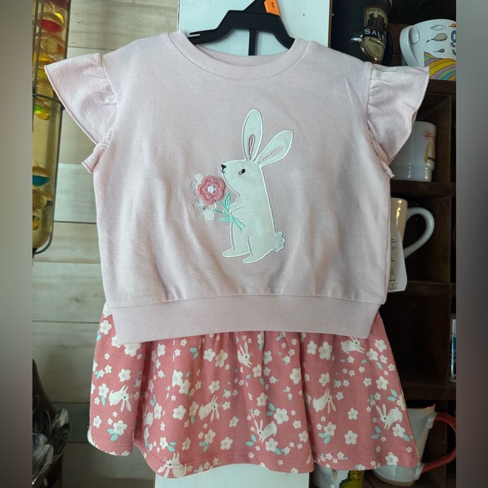 NWT 4T Easter Bunny Set Shirt Skirt outfit Spring pink